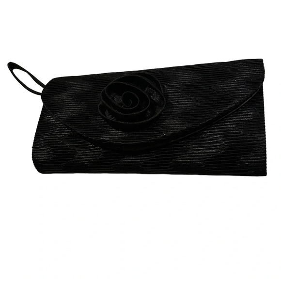 Vintage style satin pleated flower detail black evening clutch bag. - Picture 15 of 15